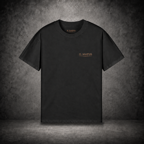 IL MATTO Everyday black tee with small antique-bronze chest wordmark — branded hero
