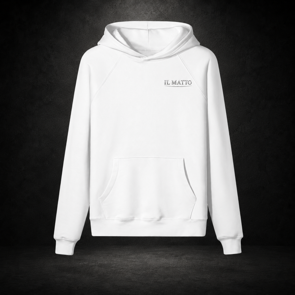 IL MATTO Everyday white hoodie with small aged-silver chest wordmark — branded hero