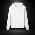 IL MATTO Everyday white hoodie with small aged-silver chest wordmark — branded hero