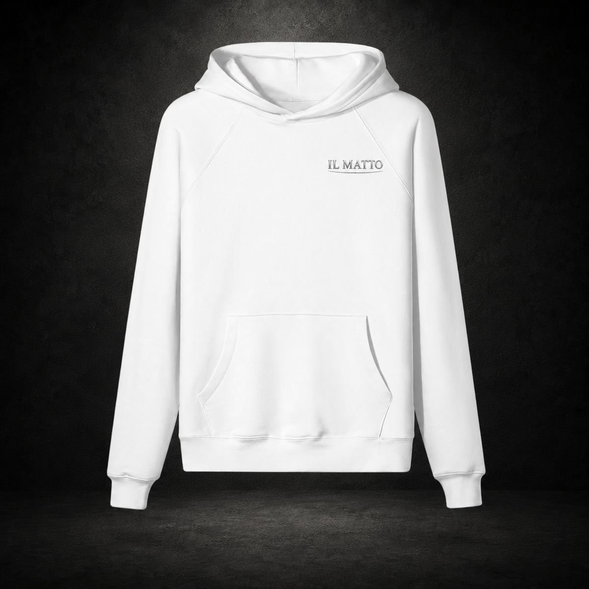 IL MATTO Everyday white hoodie with small aged-silver chest wordmark — branded hero