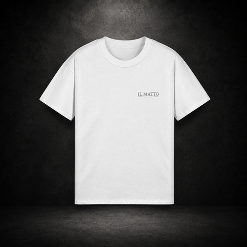 IL MATTO Everyday white tee with small aged-silver chest wordmark — branded hero