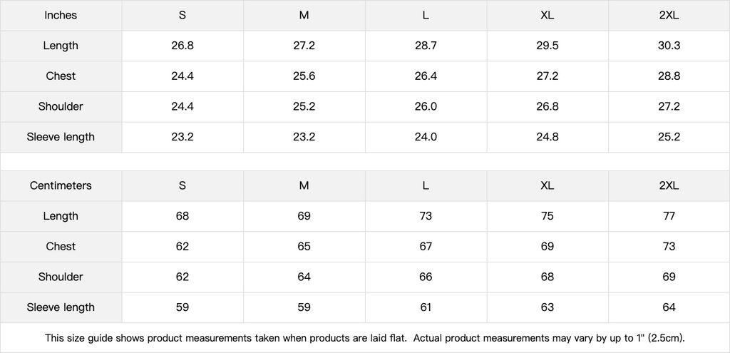 440 GSM crew size guide — centimetres