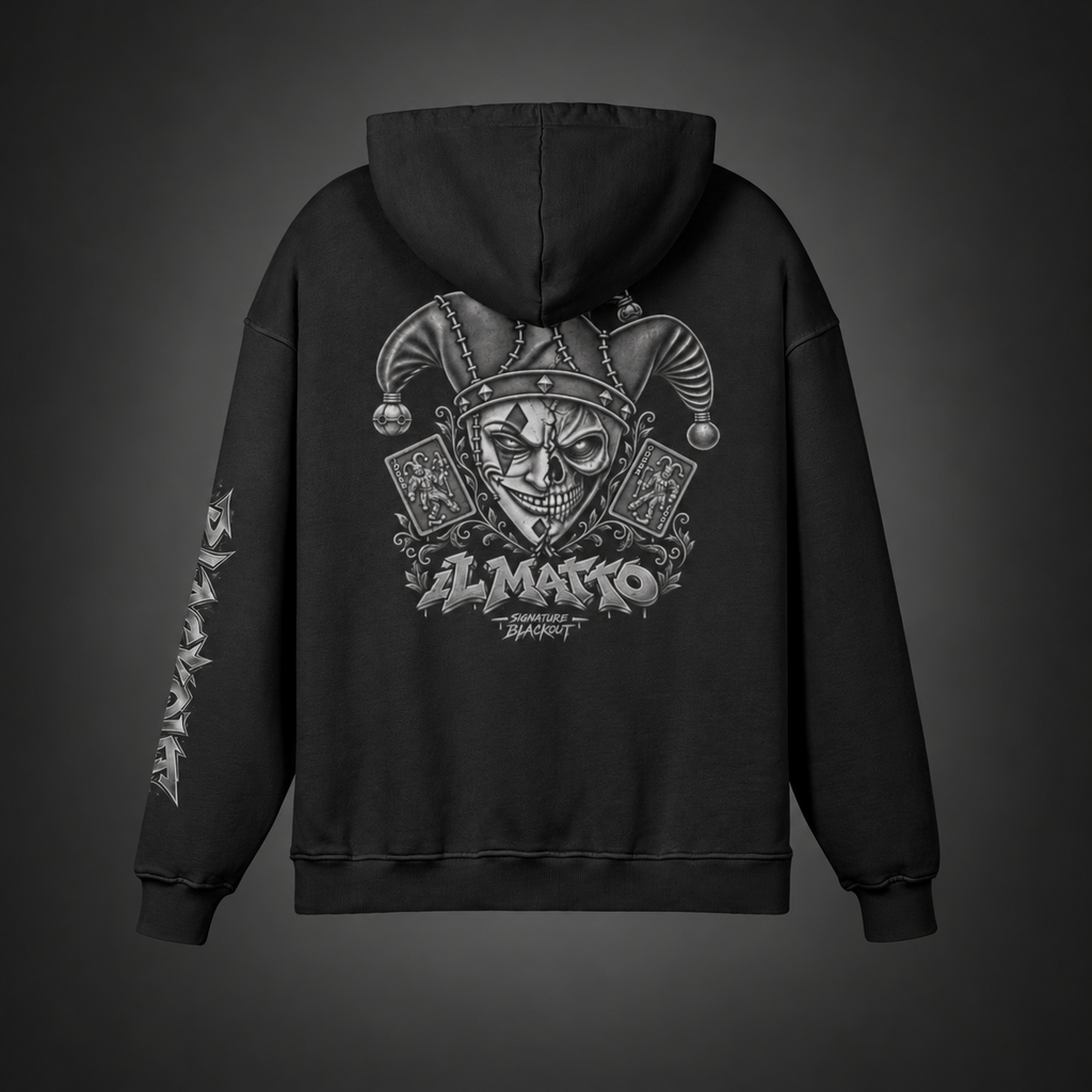 IL MATTO Signature BLACKOUT hoodie — back studio view