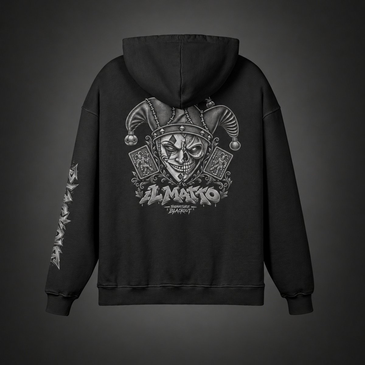 IL MATTO Signature BLACKOUT hoodie — back studio view