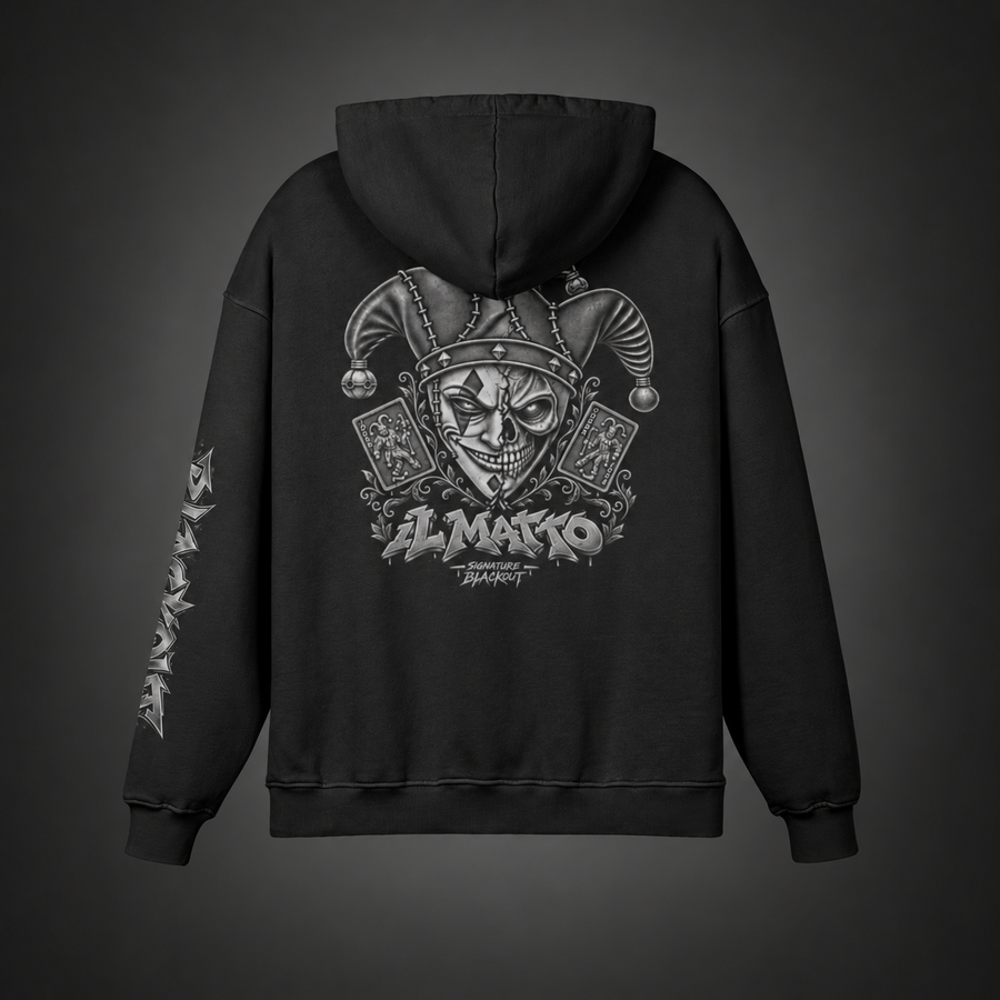 IL MATTO Signature Hoodie — BLACKOUT — IL MATTO Signature BLACKOUT hoodie — back studio view