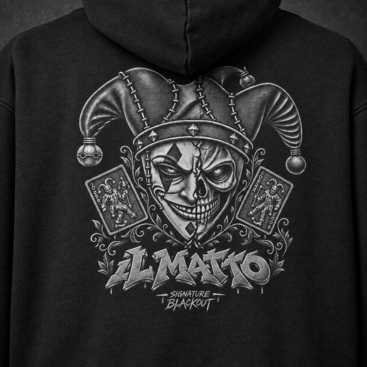 IL MATTO Signature BLACKOUT hoodie — back artwork close-up