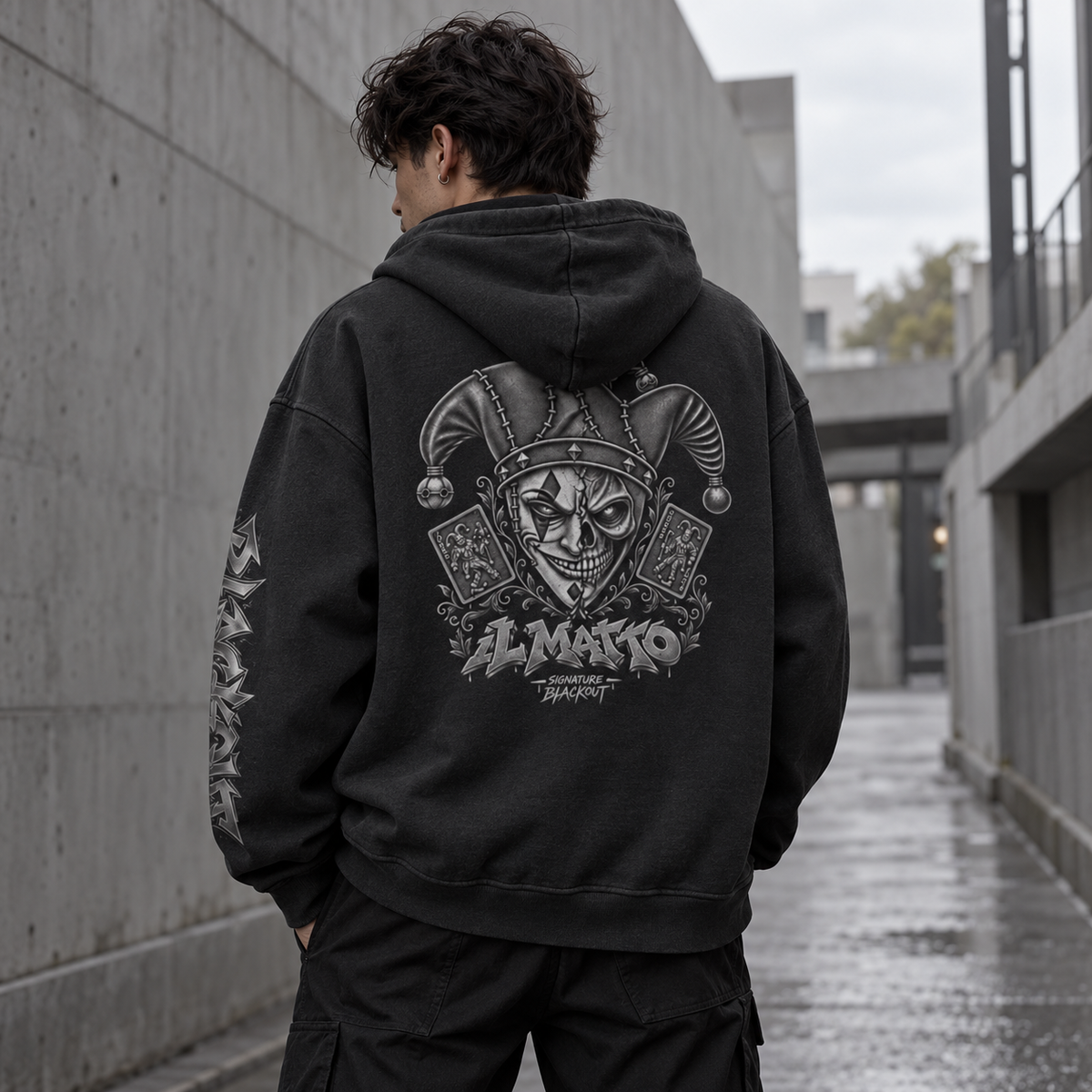 IL MATTO Signature BLACKOUT hoodie — back lifestyle view