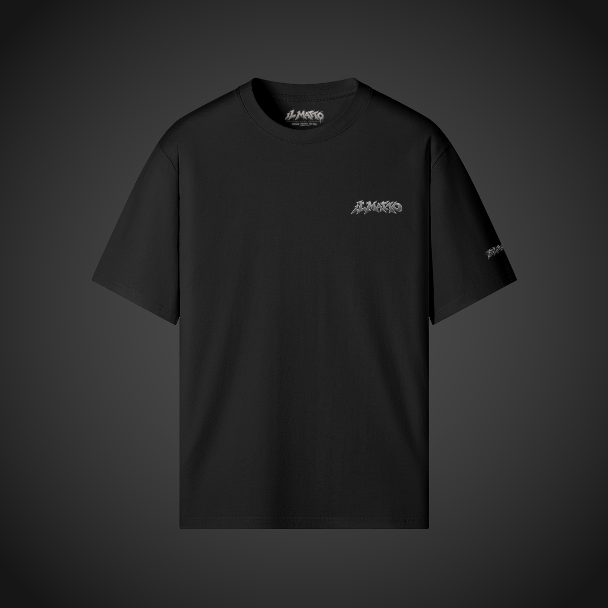 IL MATTO BLACKOUT Signature Tee in black — front supplier mockup on charcoal background
