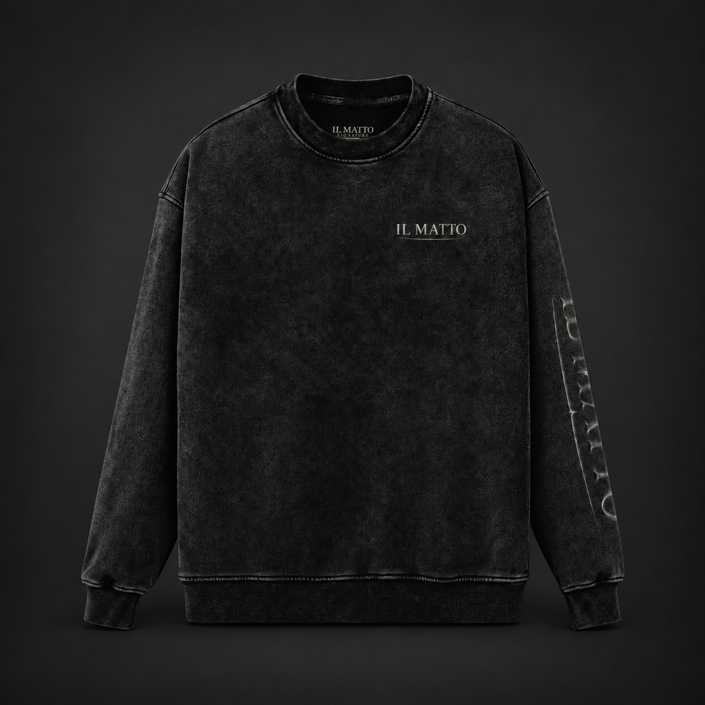 IL MATTO Signature 440 GSM faded black silver crewneck — front view on charcoal background
