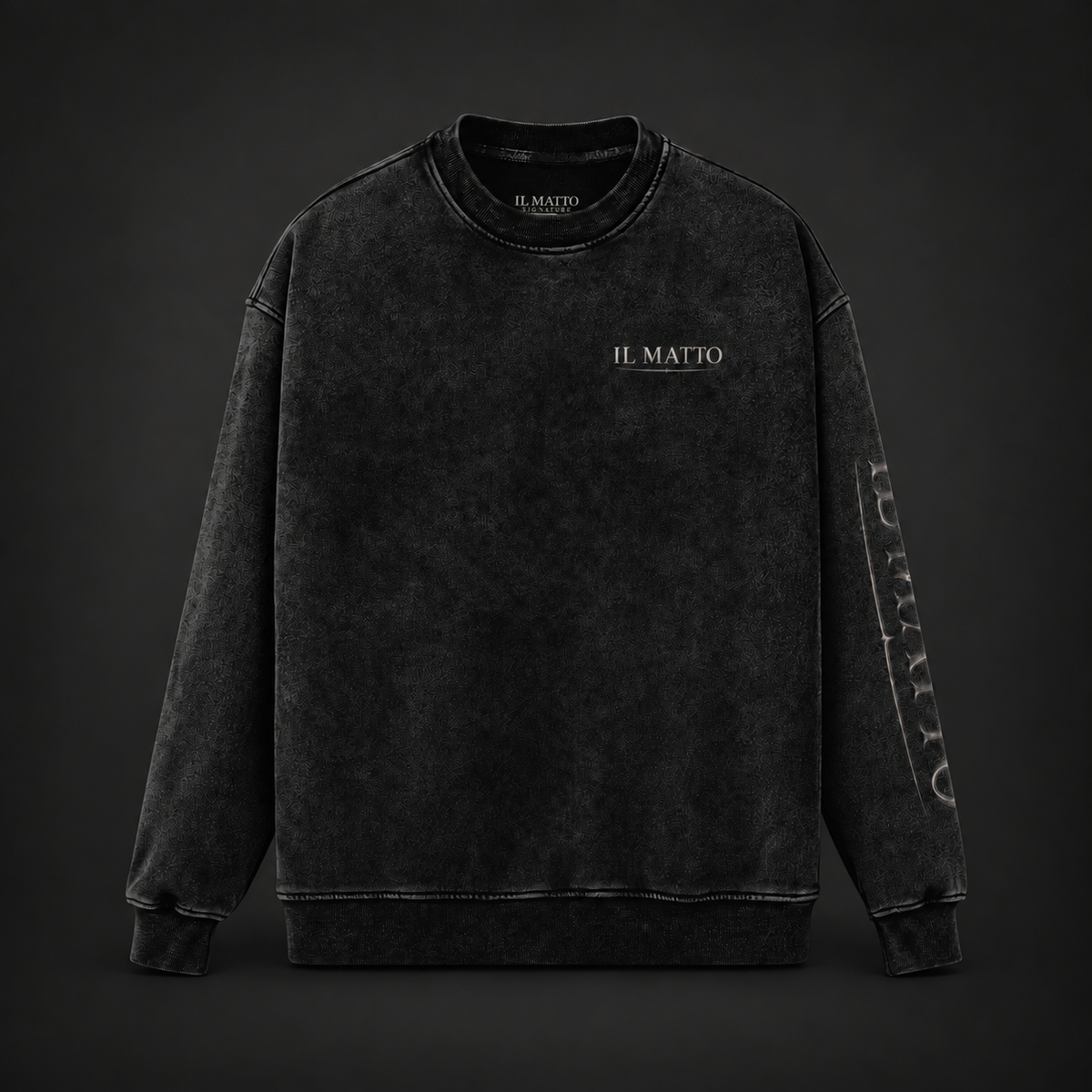IL MATTO Signature 440 GSM faded black silver crewneck — front view on charcoal background