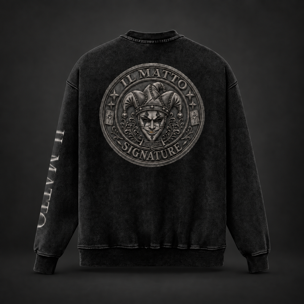 IL MATTO Signature 440 GSM faded black silver crewneck — back view on charcoal background