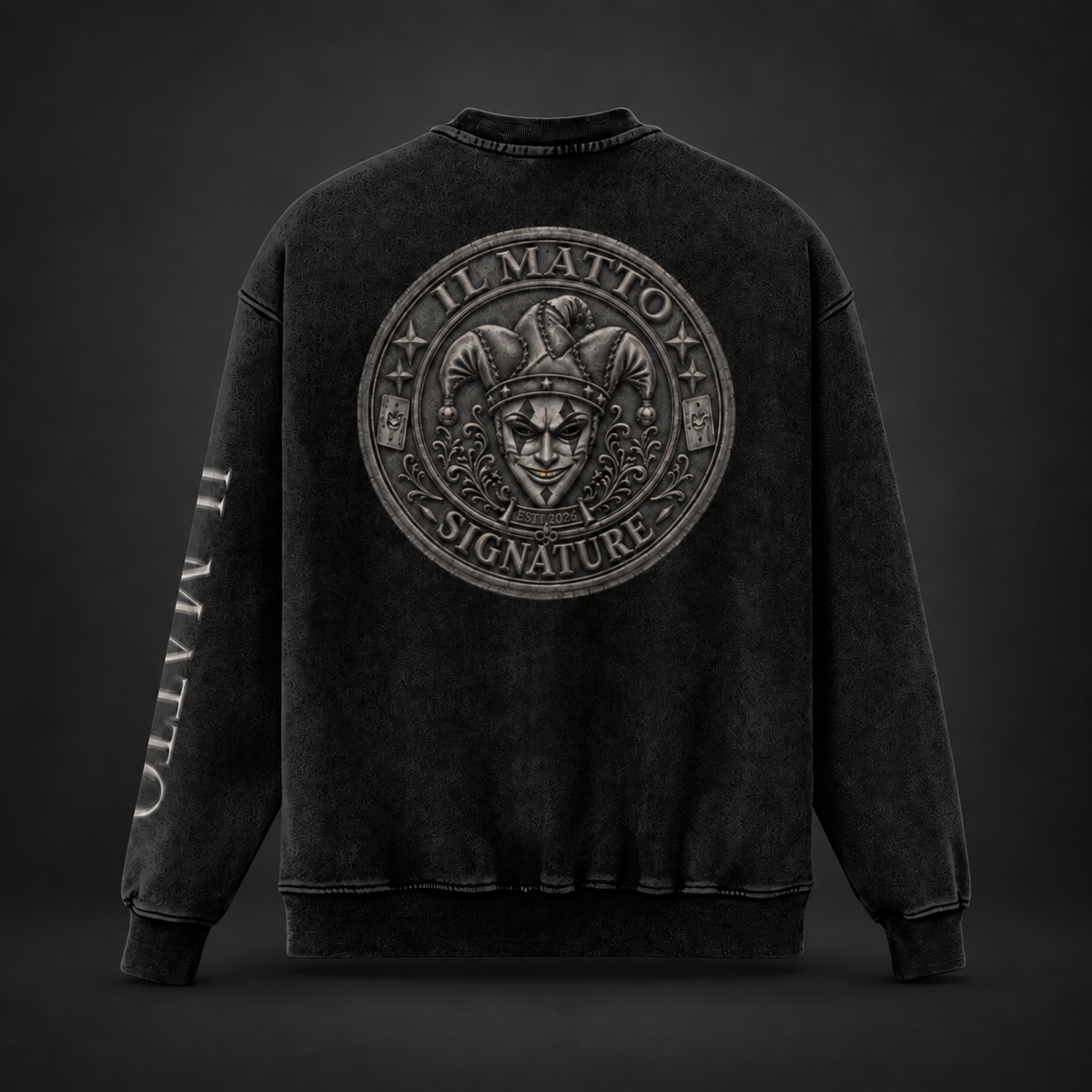 IL MATTO Signature 440 GSM faded black silver crewneck — back view on charcoal background