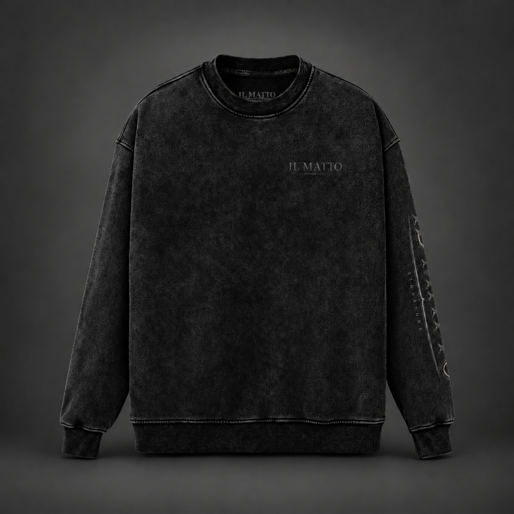 IL MATTO Charcoal Signature Crew — front on charcoal studio background, styling mockup