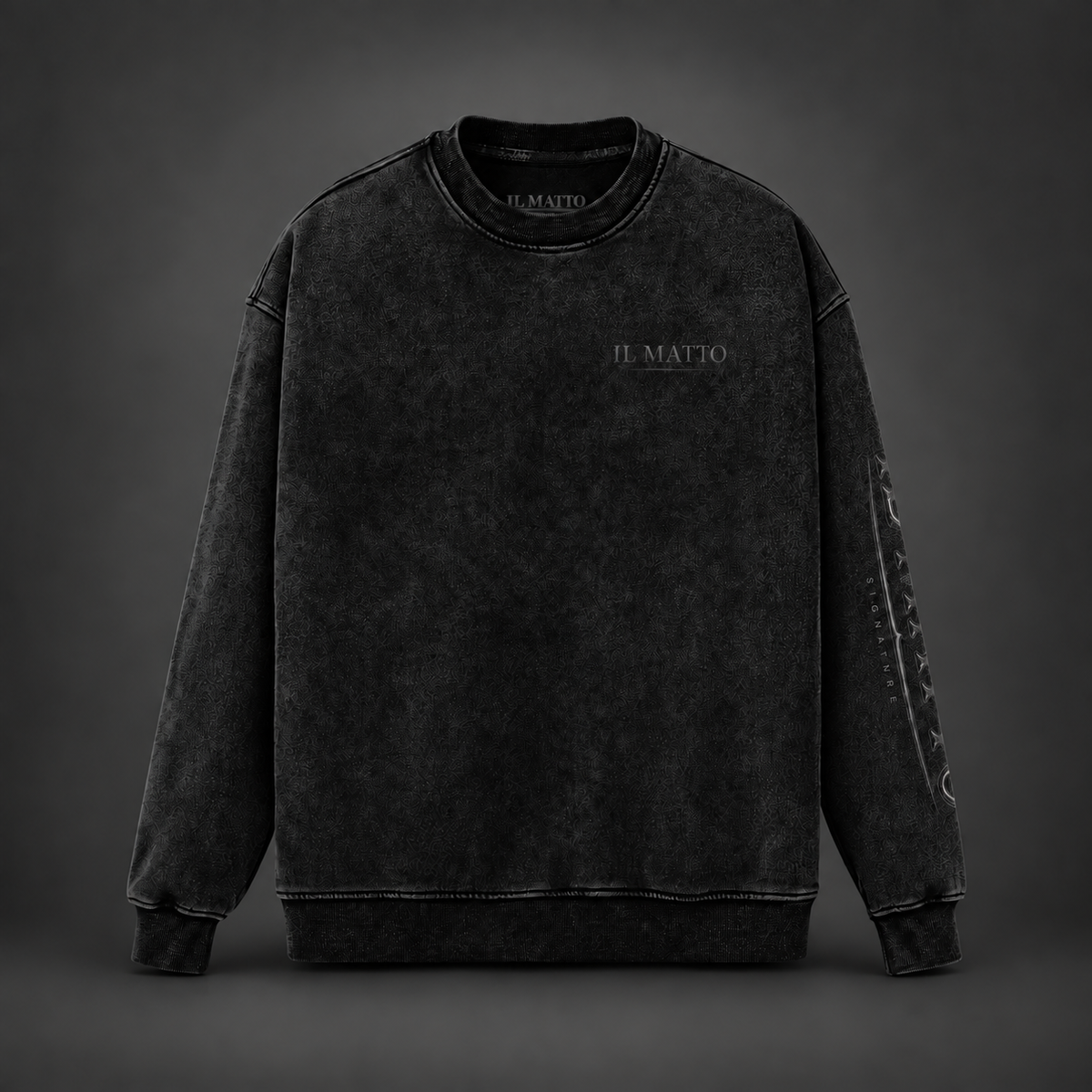 IL MATTO Charcoal Signature Crew — front on charcoal studio background, styling mockup