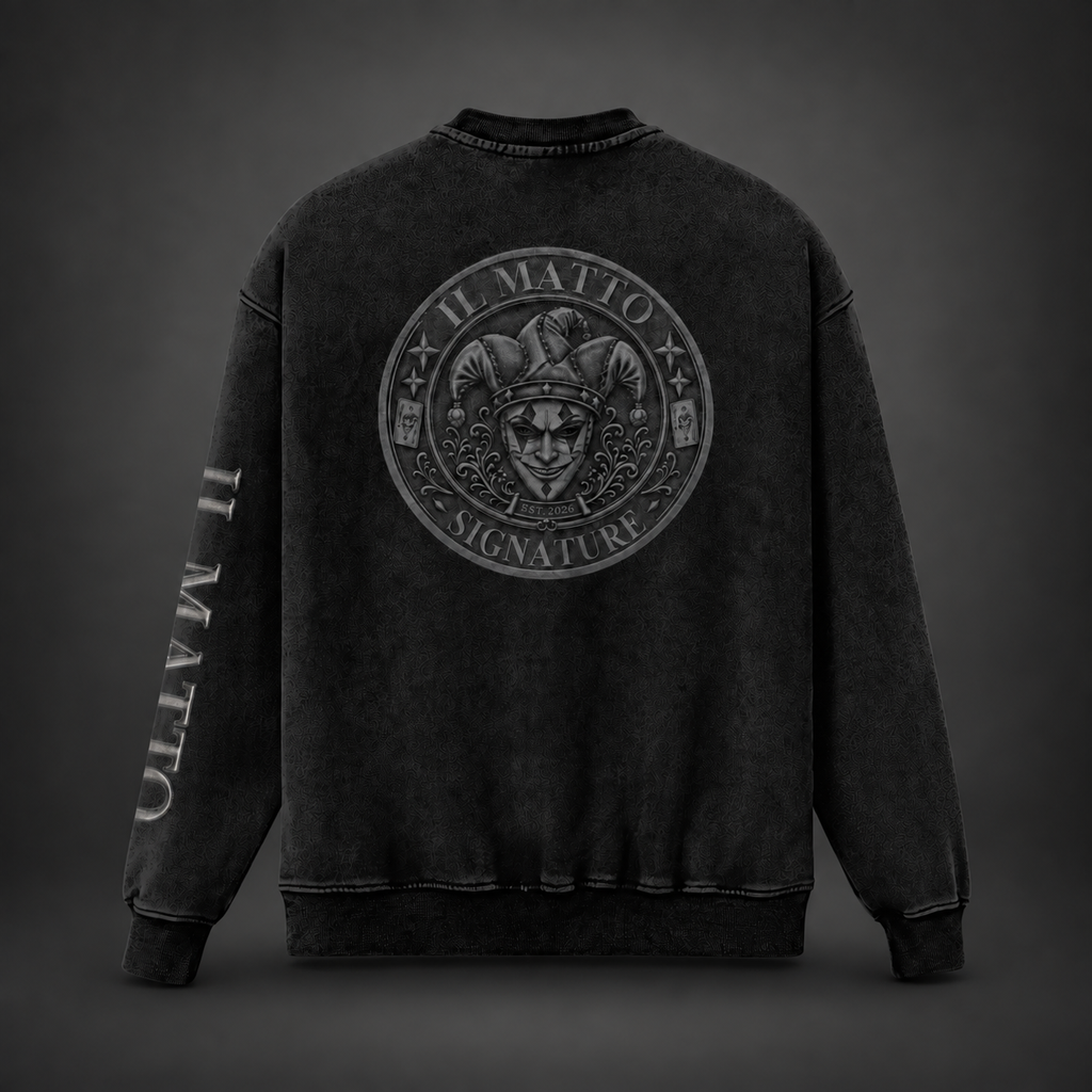 IL MATTO Charcoal Signature Crew — back on charcoal studio background, styling mockup