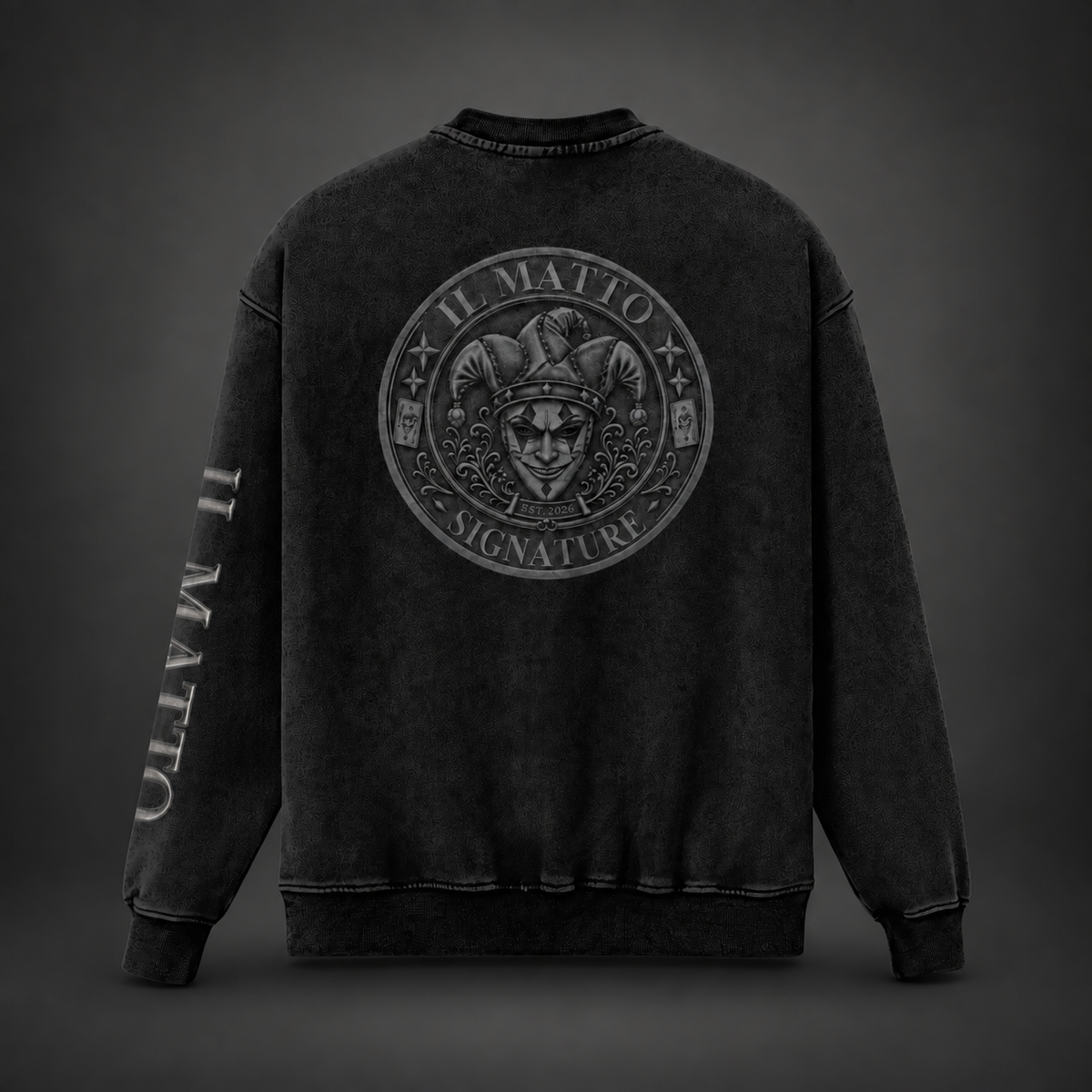 IL MATTO Charcoal Signature Crew — back on charcoal studio background, styling mockup