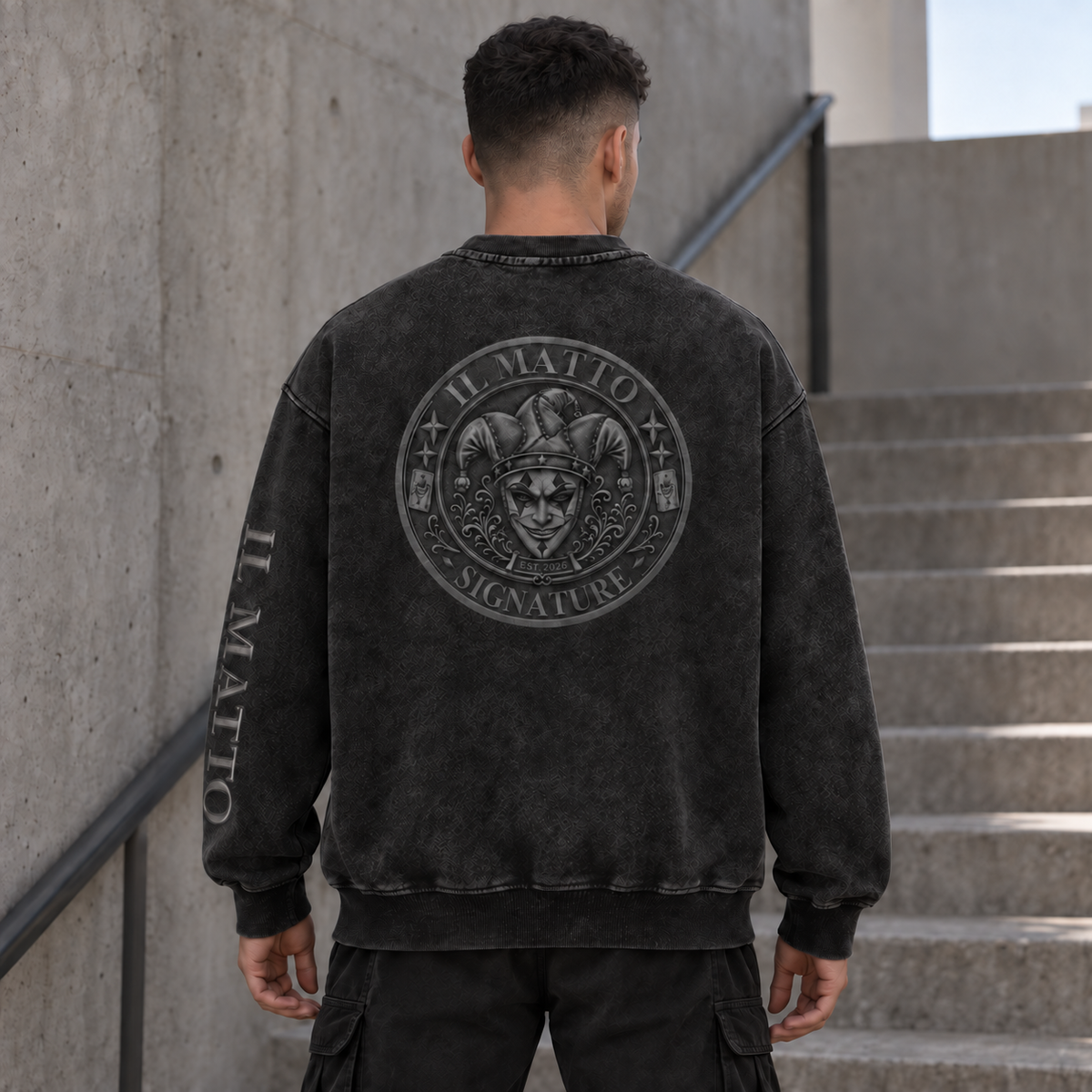 IL MATTO Charcoal Signature Crew — back lifestyle AI-generated styling mockup