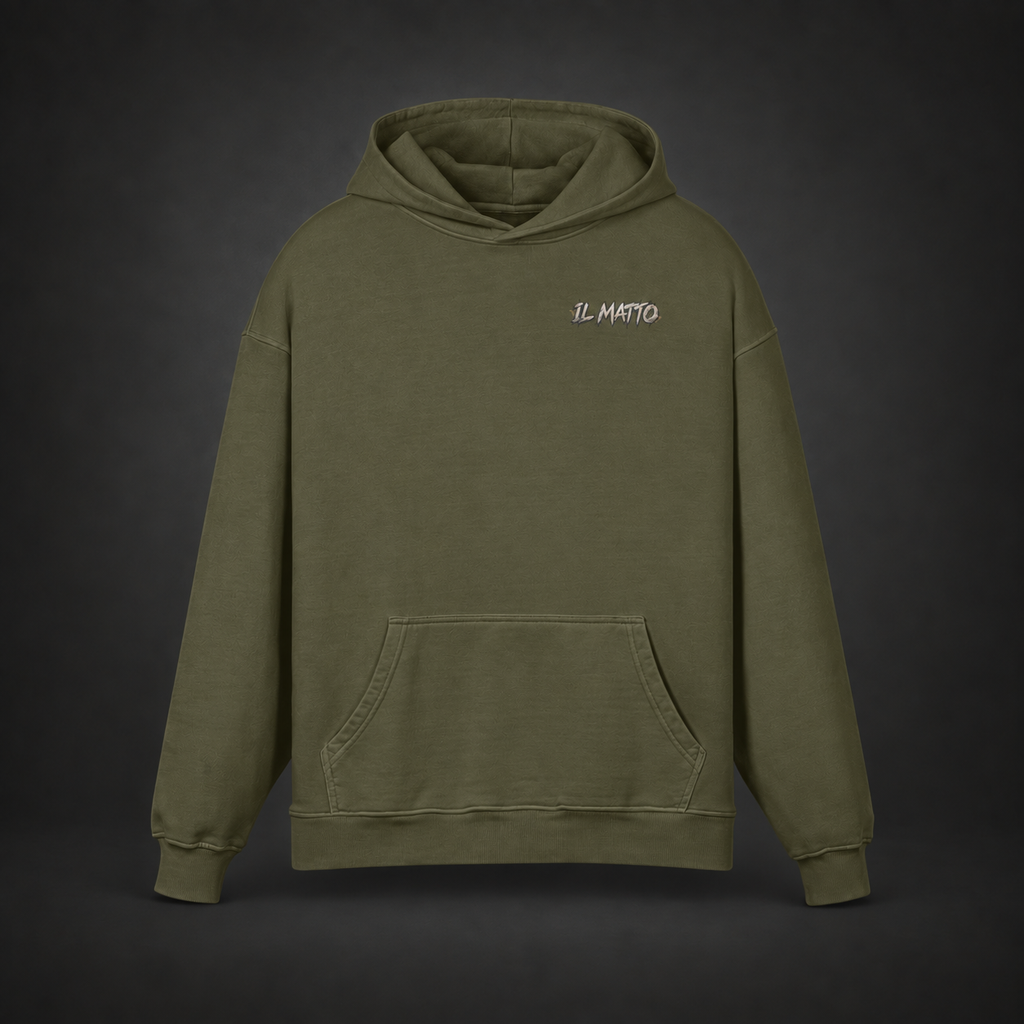IL MATTO Premium Graffiti Hoodie in olive green — front view