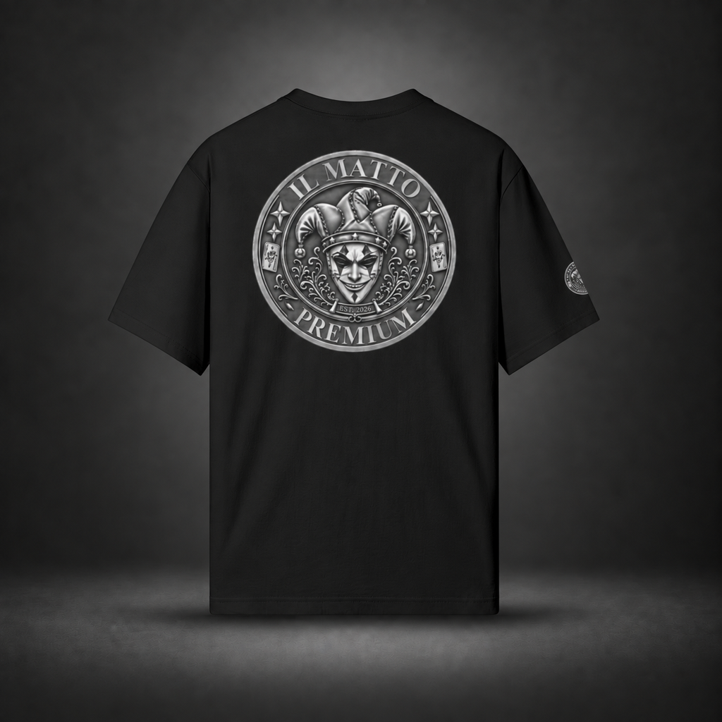 IL MATTO Premium Emblem Tee — black back on charcoal studio background