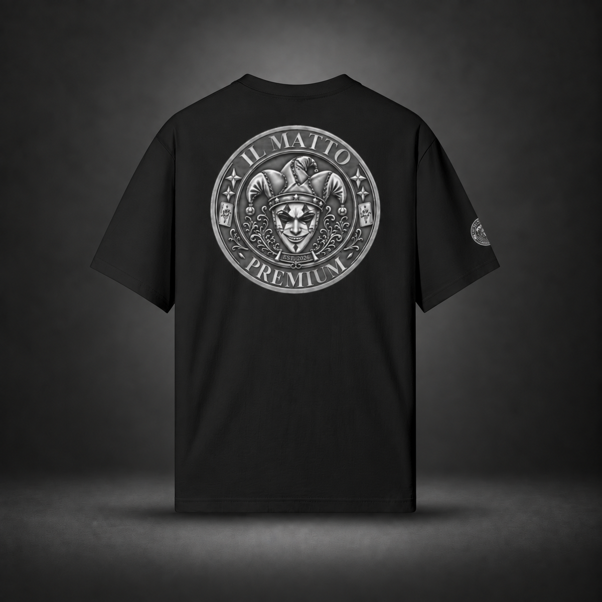 IL MATTO Premium Emblem Tee — black back on charcoal studio background