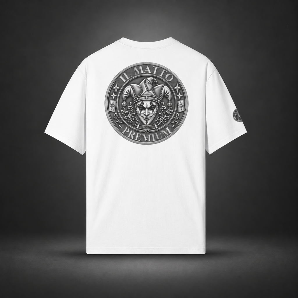 IL MATTO Premium Emblem Tee — white back on charcoal studio background