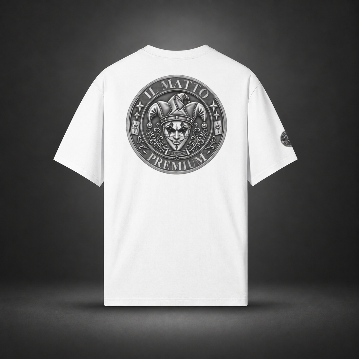 IL MATTO Premium Emblem Tee — white back on charcoal studio background