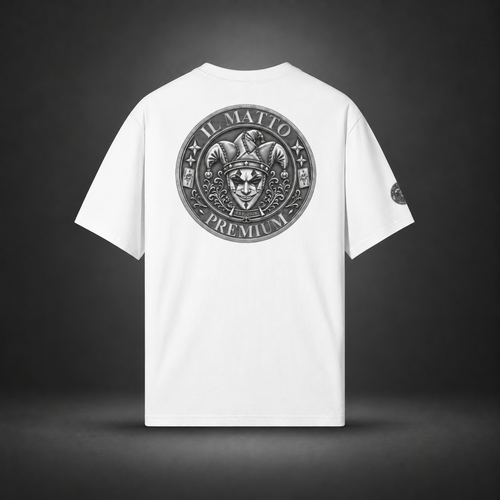 IL MATTO Premium Emblem Tee — white back on charcoal studio background