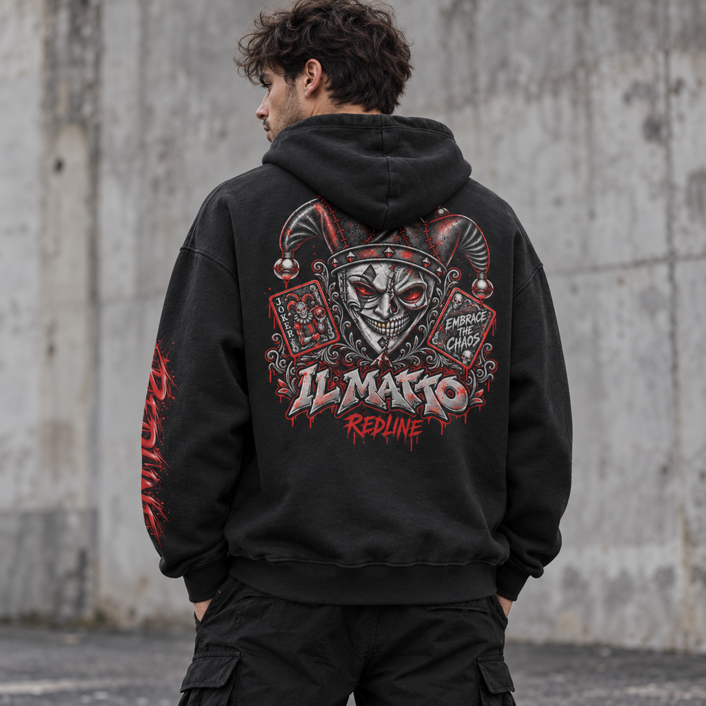 IL MATTO Signature REDLINE hoodie — updated back artwork lifestyle view
