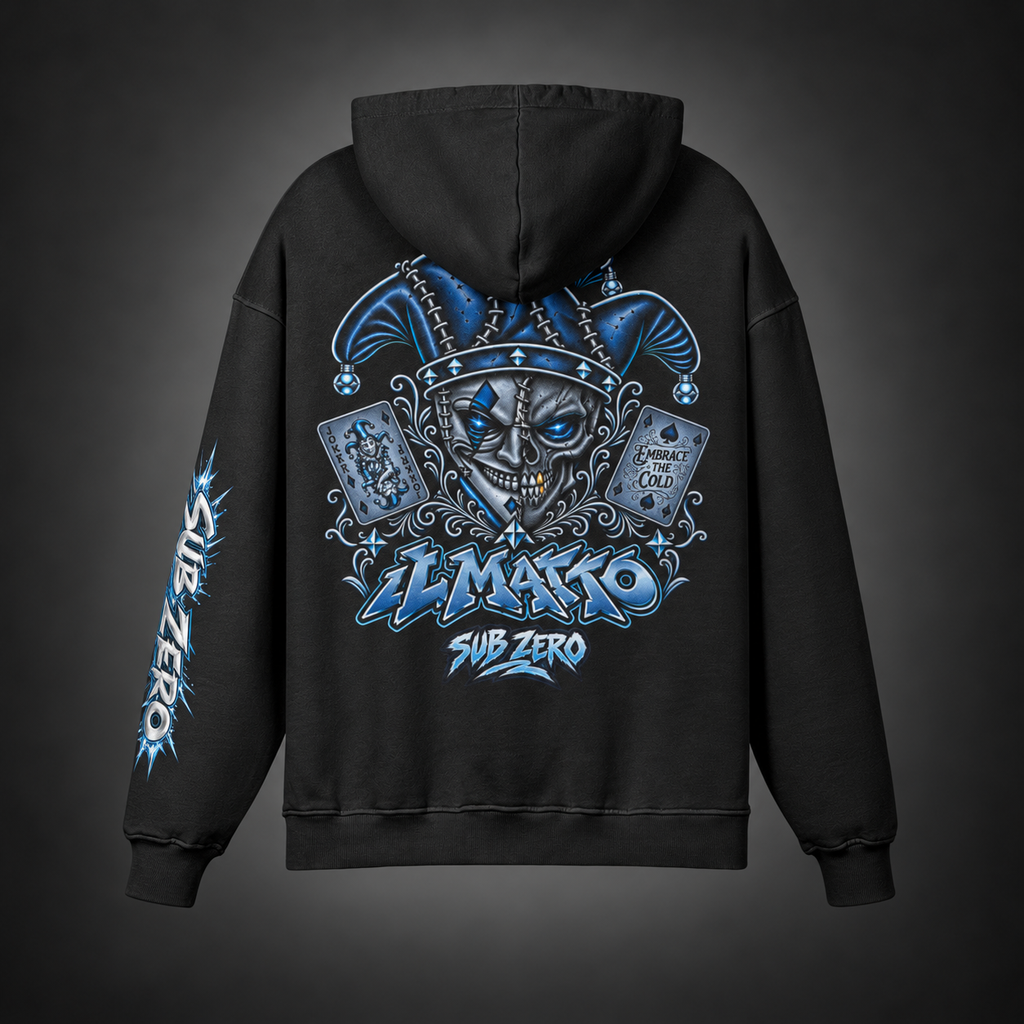IL MATTO Signature SUB ZERO hoodie, back studio view on charcoal background