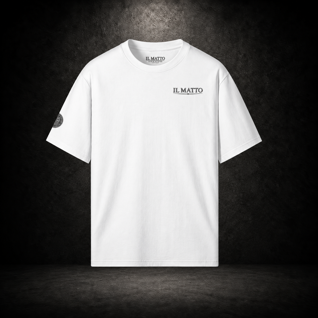 IL MATTO Signature Tee — white front on charcoal studio background
