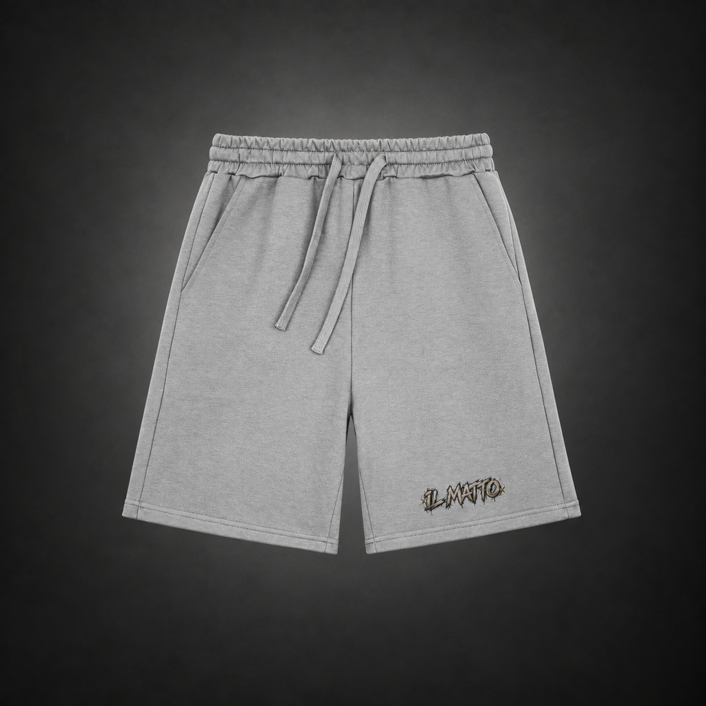 IL MATTO Graffiti Sweat Shorts — heather grey — front view