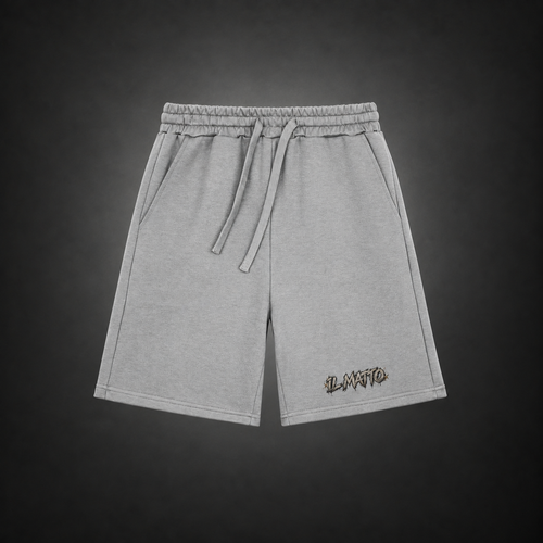IL MATTO Graffiti Sweat Shorts — heather grey — front view
