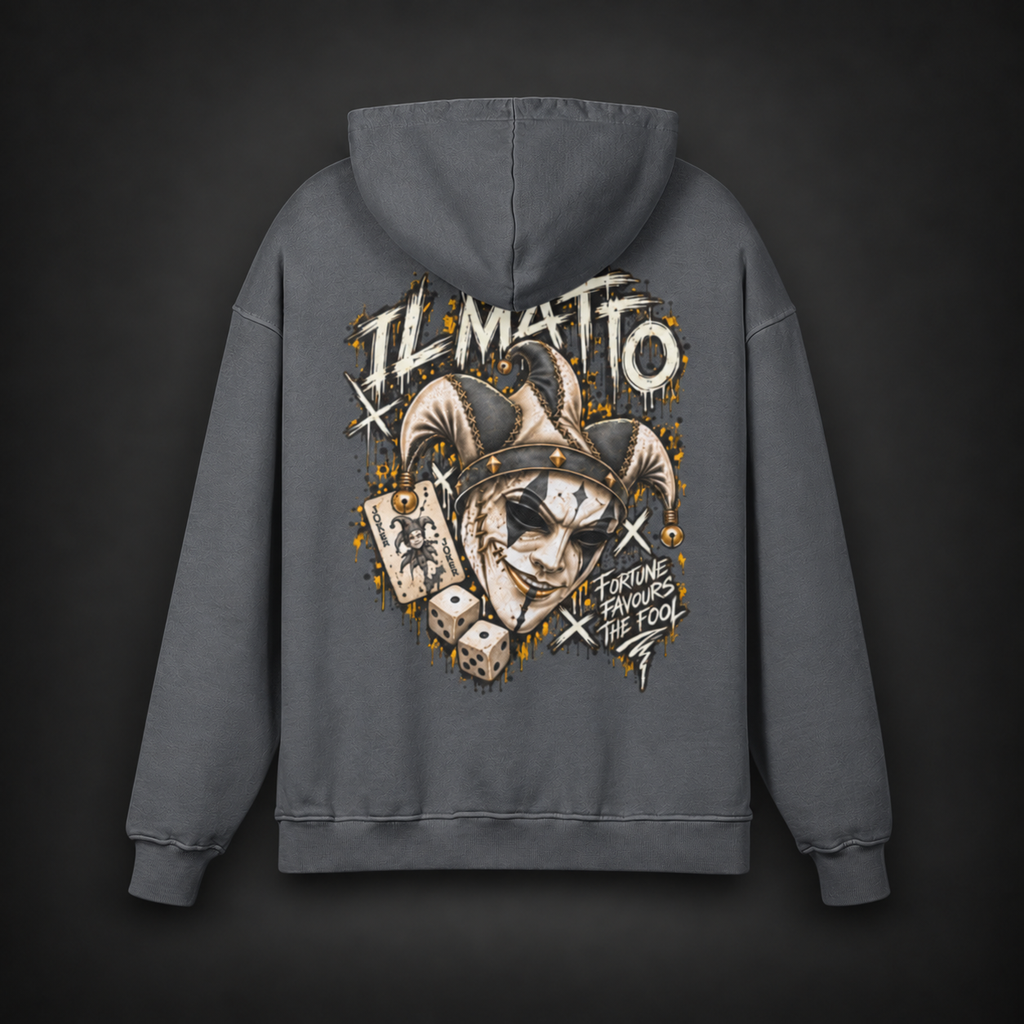 IL MATTO Premium Graffiti Hoodie — carbon gray back on charcoal studio background