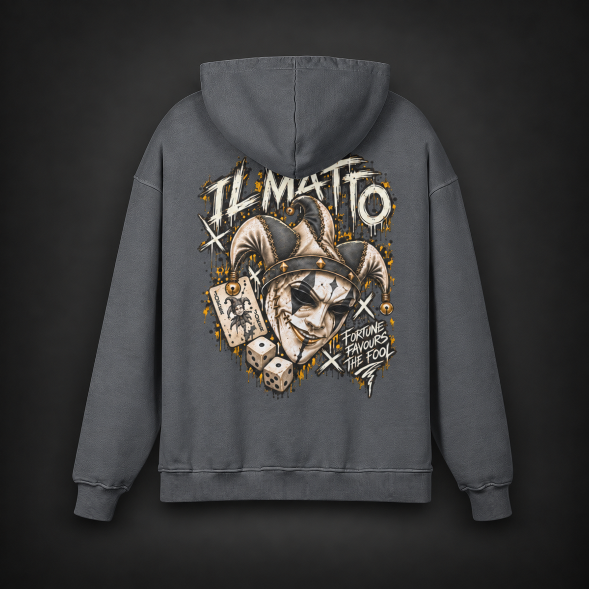 IL MATTO Premium Graffiti Hoodie — carbon gray back on charcoal studio background