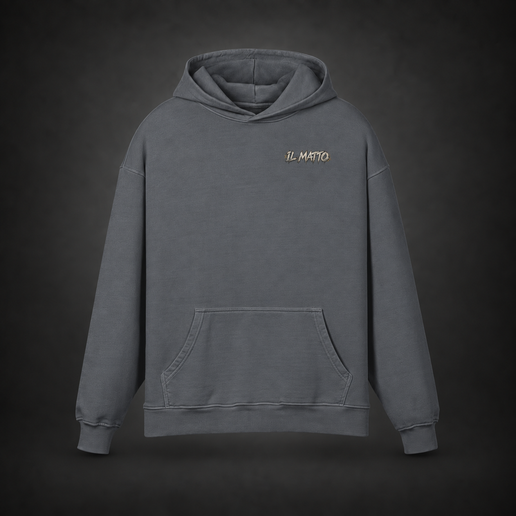 IL MATTO Premium Graffiti Hoodie — carbon gray front on charcoal studio background