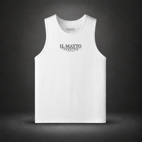 IL MATTO Premium Emblem Singlet — White, front view on charcoal studio background