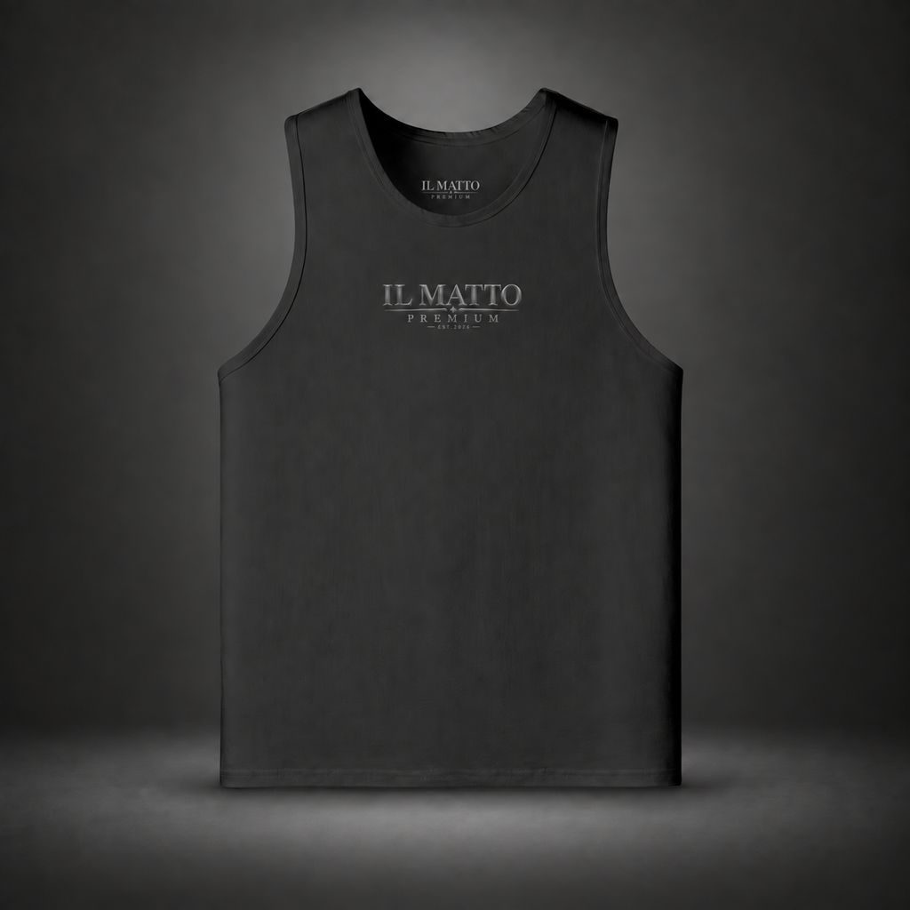 IL MATTO Premium Emblem Singlet — Black, front view on charcoal studio background