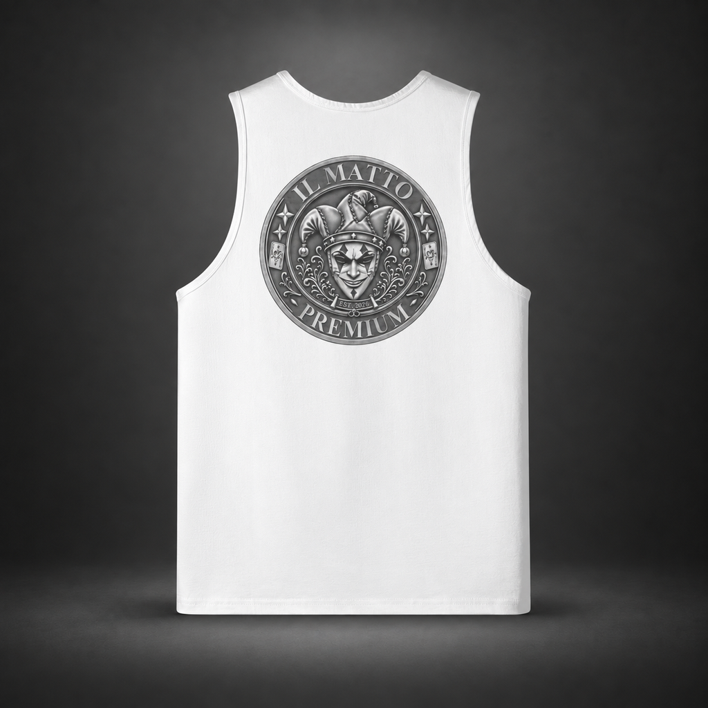 IL MATTO Premium Emblem Singlet — White, back view on charcoal studio background