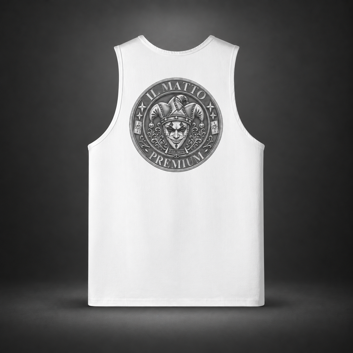 IL MATTO Premium Emblem Singlet — White, back view on charcoal studio background