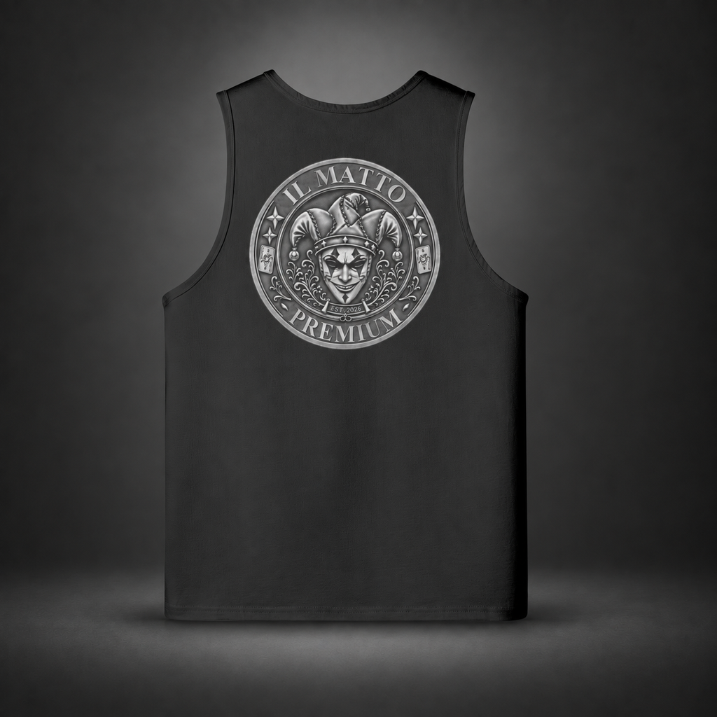 IL MATTO Premium Emblem Singlet — Black, back view on charcoal studio background