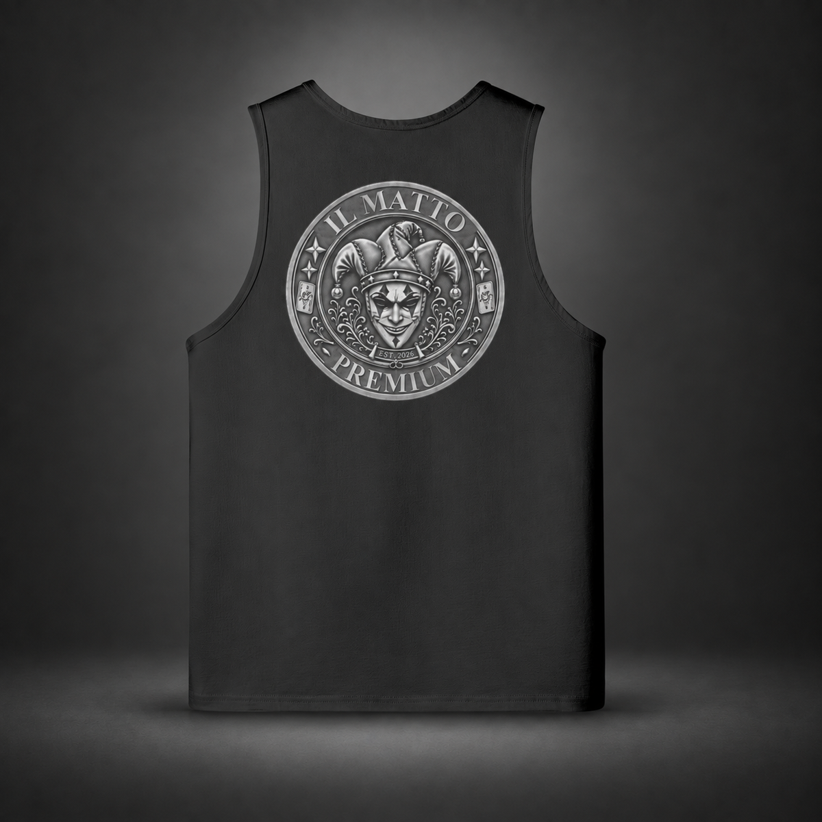IL MATTO Premium Emblem Singlet — Black, back view on charcoal studio background