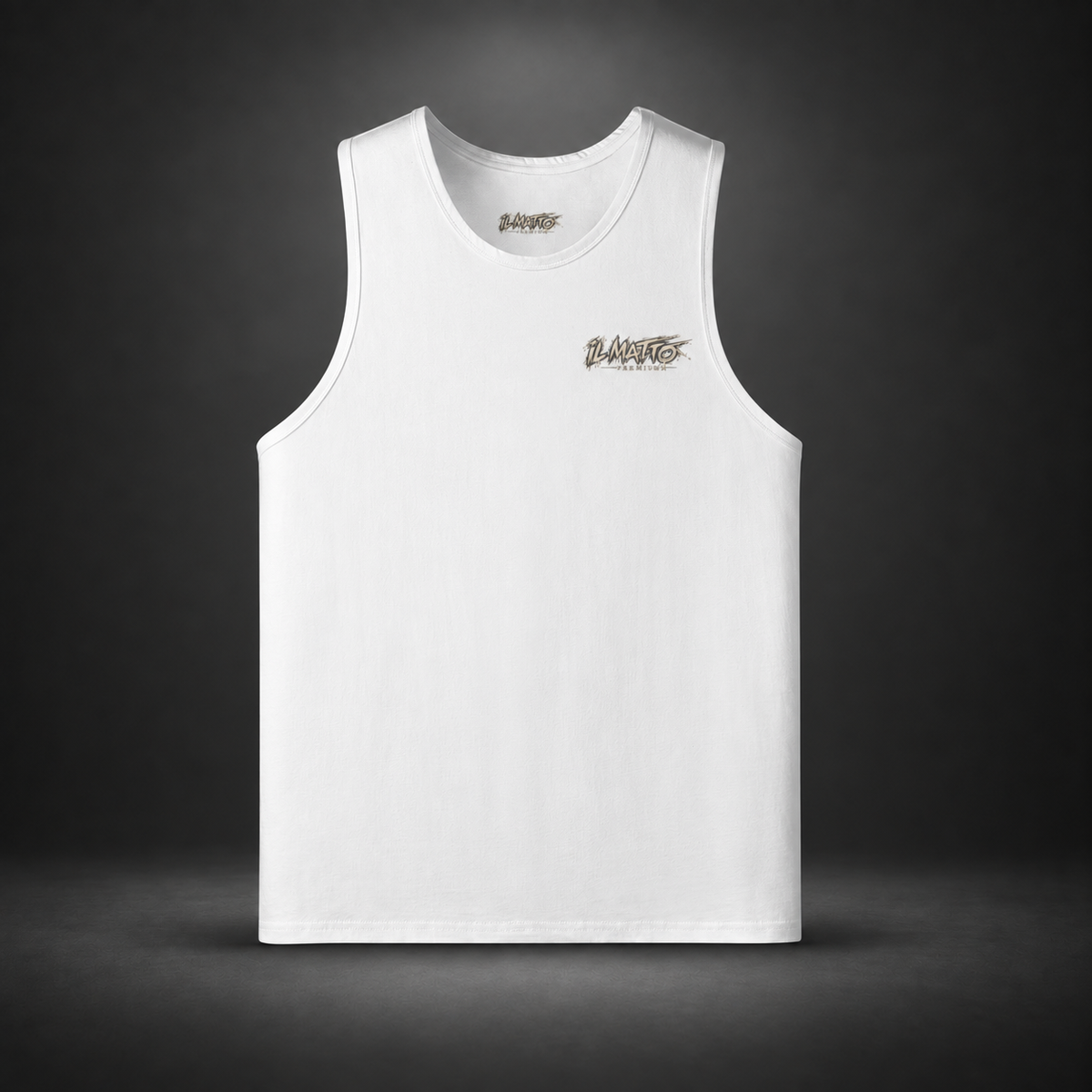 IL MATTO Premium Graffiti Singlet — White, front view on charcoal studio background