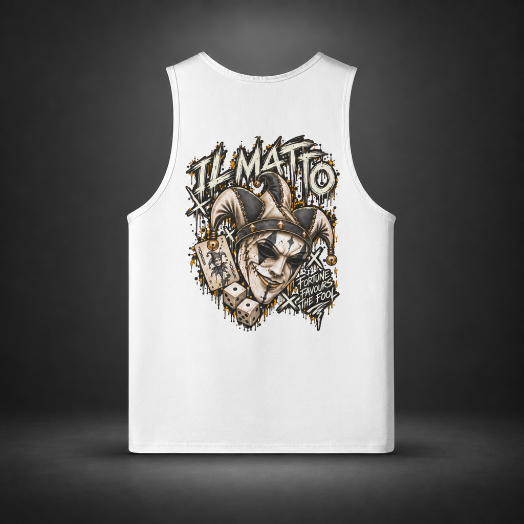 IL MATTO Premium Graffiti Singlet — White, back view on charcoal studio background