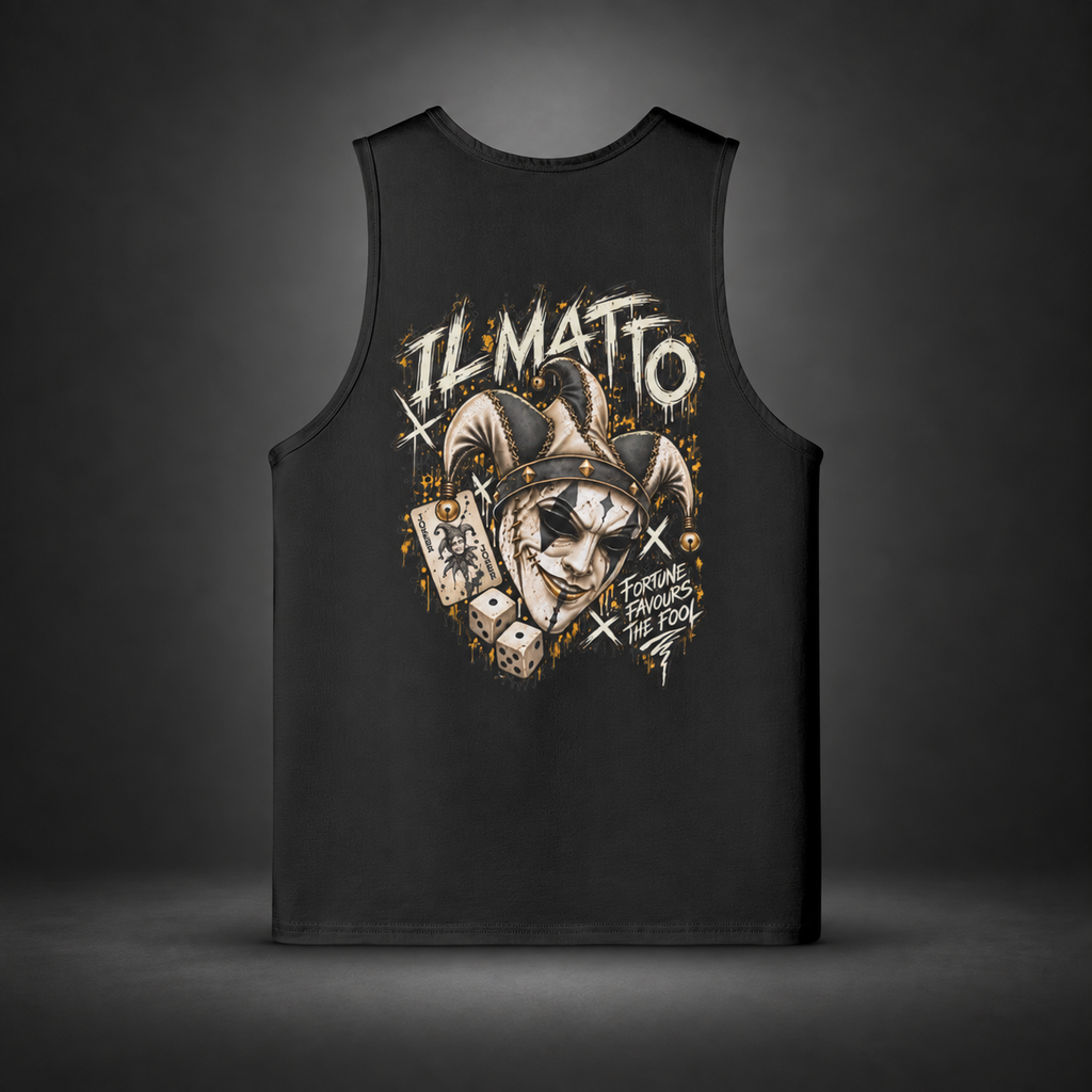 IL MATTO Premium Graffiti Singlet — Black, back view on charcoal studio background