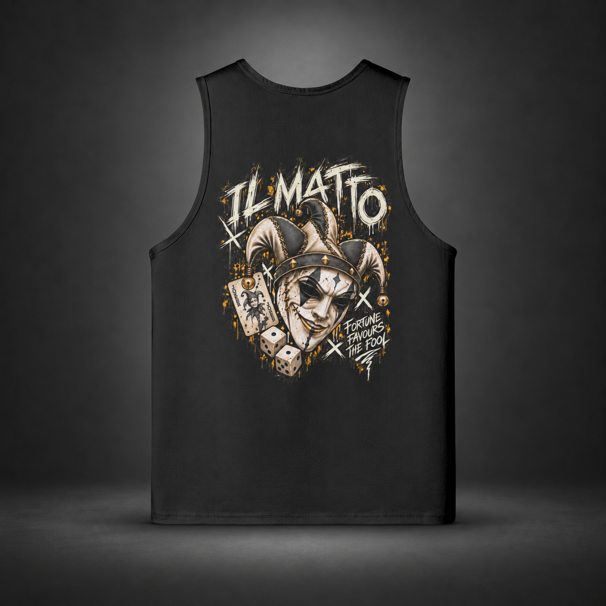 IL MATTO Premium Graffiti Singlet — Black, back view on charcoal studio background