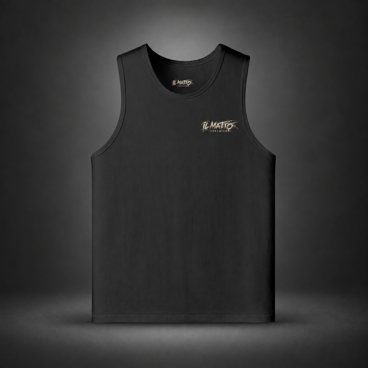 IL MATTO Premium Graffiti Singlet — Black, front view on charcoal studio background