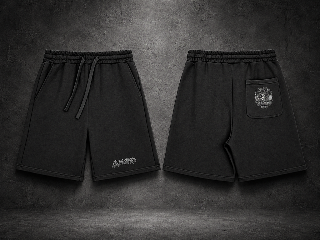 IL MATTO BLACKOUT black Signature Shorts, front logo and rear-pocket artwork, charcoal studio