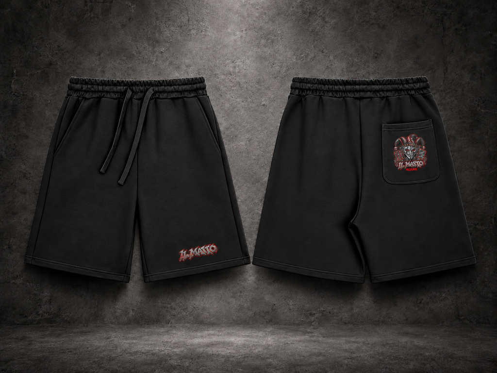 IL MATTO REDLINE black Signature Shorts, front logo and rear-pocket artwork, charcoal studio