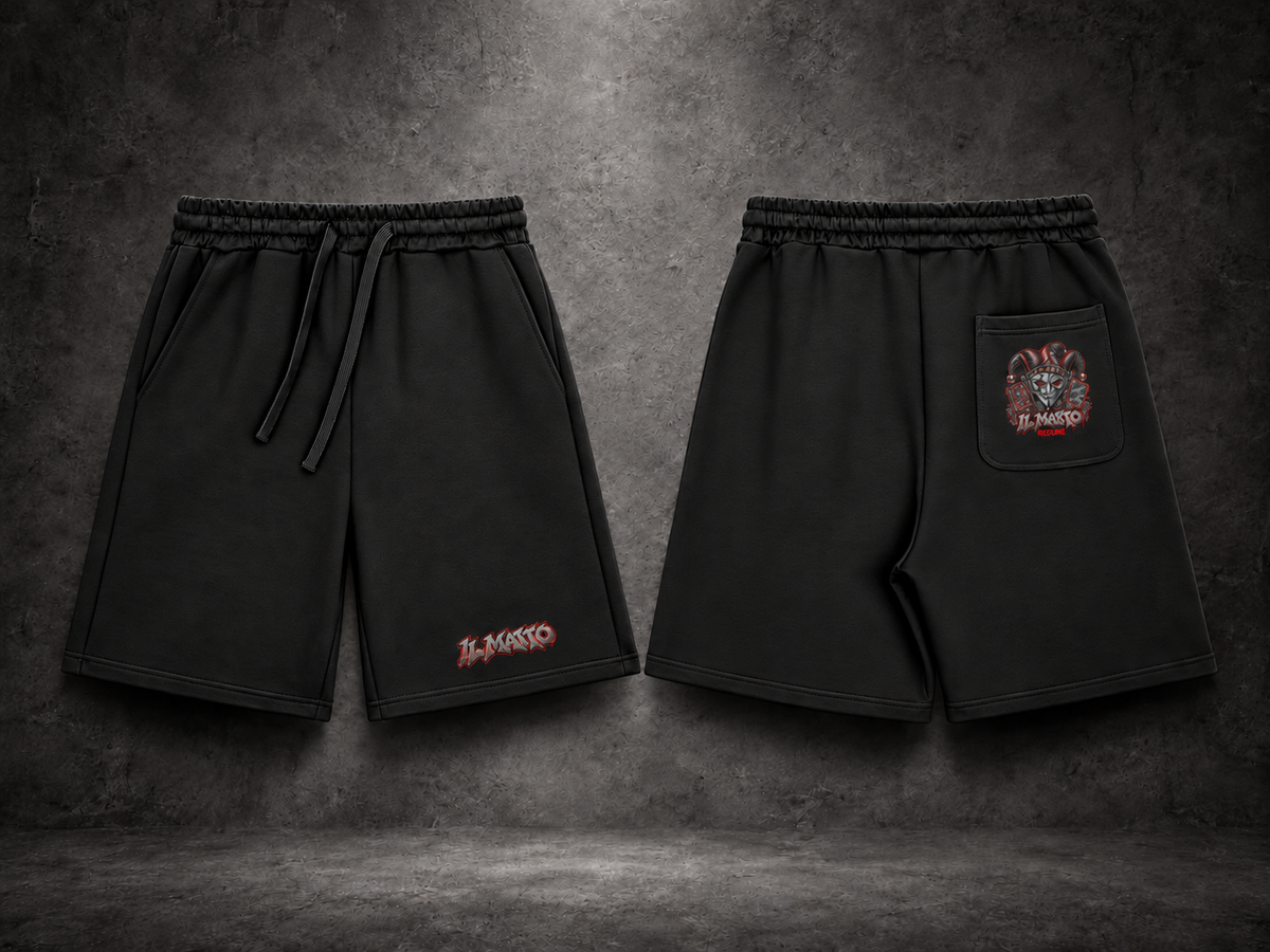 IL MATTO REDLINE black Signature Shorts, front logo and rear-pocket artwork, charcoal studio