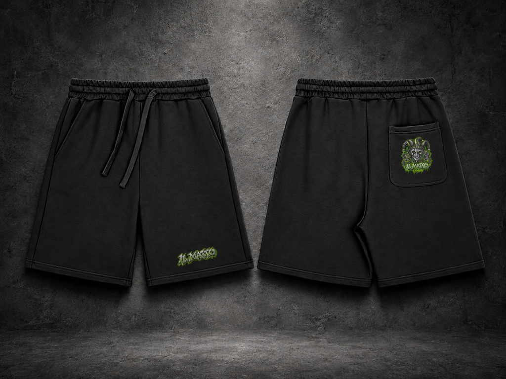 IL MATTO VENOM black Signature Shorts, front logo and rear-pocket artwork, charcoal studio